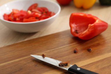 Hamamböcekleri, bıçak ve biber, masaya yakın plan.