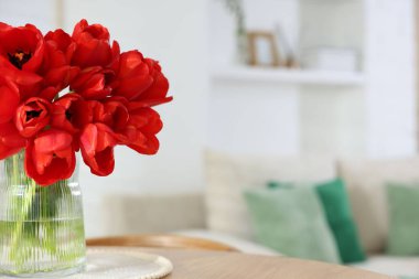 Kapalı mekândaki vazoda güzel kırmızı laleler, yakın plan. Metin için boşluk