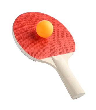 Ping pong raketi ve topu beyaza izole edilmiş.