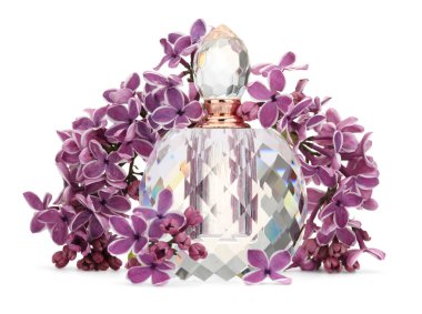 Bir şişe lüks parfüm ve beyaza ayrılmış leylak çiçekleri.