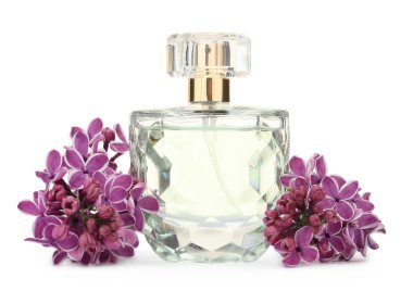 Bir şişe lüks parfüm ve beyaza ayrılmış leylak çiçekleri.