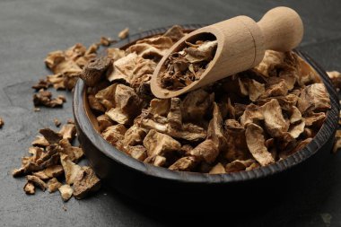 Kuru hindiba kökleri kasede ve kepçe desenli masada, yakın plan.