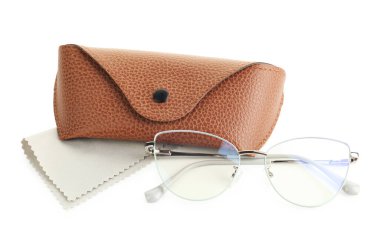 Case with stylish glasses and cleaning cloth isolated on white