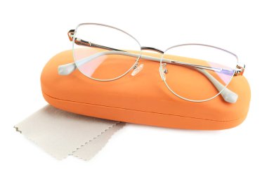 Case with stylish glasses and cleaning cloth isolated on white
