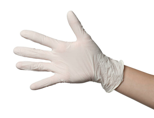 Doctor in medical glove on white background, closeup