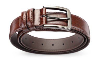 Bir kahverengi deri kemer beyaza izole edilmiş, yukarıda.