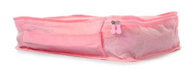 Bir pembe paket küpü beyaza izole edilmiş.