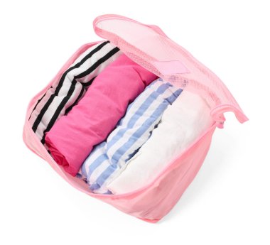 Bir pembe paket küpü beyaza izole edilmiş, yukarıda.