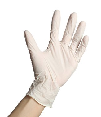 Beyaz arka planda tıp eldivenli doktor, yakın plan.
