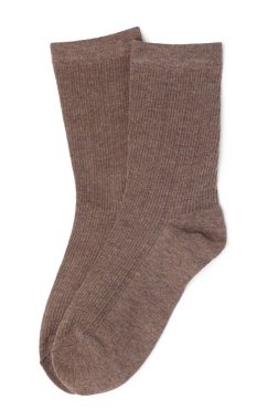 Bir çift kahverengi çorap beyaza izole edilmiş, üst manzara