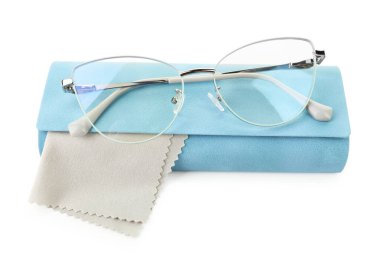 Case with stylish glasses and cleaning cloth isolated on white
