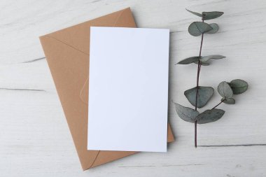 Boş tebrik kartı ve okaliptüs dalı hafif ahşap arka plan, düz uzanma