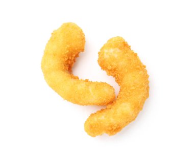 İki lezzetli tempura karidesi beyaza izole edilmiş, üst manzara.