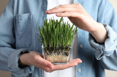 Arka planda şeffaf tencerede buğday çimeni olan kadın, yakın plan.