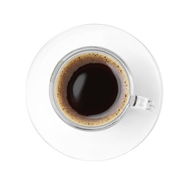 Beyaz bardakta sade kahve, üst manzara.