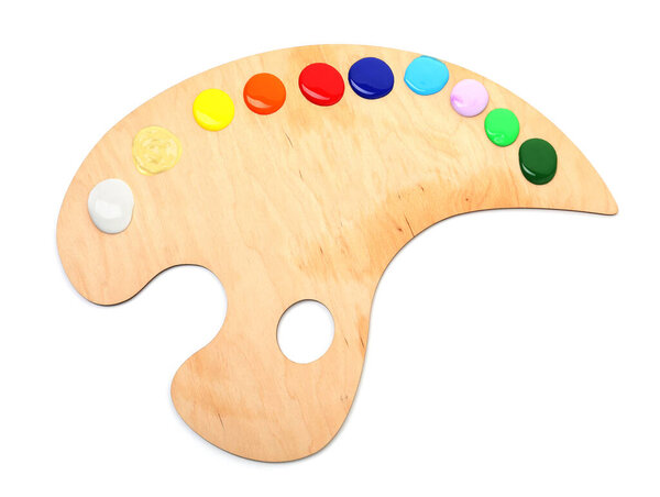 Wooden palette with paints isolated on white, top view