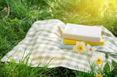 Yığılmış kitaplar, nergis çiçekleri ve açık havada yeşil çimenler üzerinde battaniye.