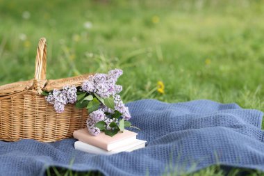 Yığınlanmış kitaplar, battaniye ve hasır sepet. Yeşil çimlerin üzerinde leylak çiçekleri, yakın plan. Metin için boşluk