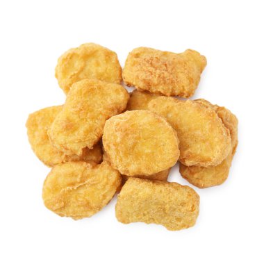 Birçok lezzetli tavuk nugget beyaz, üst manzara izole