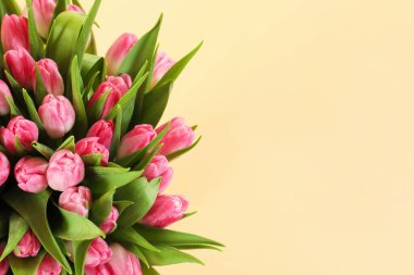 Bej arka planda güzel laleler, manzaranın üstünde. Metin için boşluk