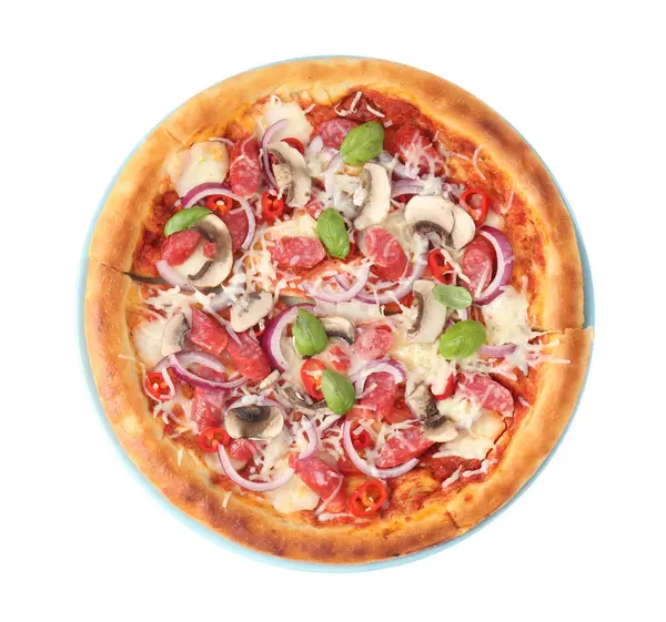 Tütsülenmiş sosis ve mantarlı leziz pizza.