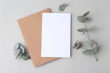 Boş tebrik kartı, kağıt zarf ve okaliptüs yaprakları açık gri arka planda, düz yatıyordu.