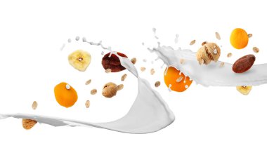 Süt, yulaf ezmesi ve beyaz arka planda kuru meyveler. Sağlıklı kahvaltı.