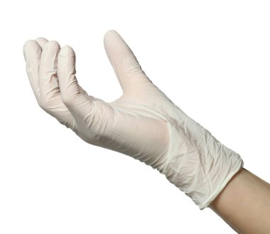 Tıbbi eldivenli doktor beyaz arka planda bir şey tutuyor.