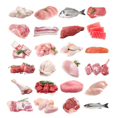 Balık ve et. Beyaz arka planda farklı ham ürünler, kolaj