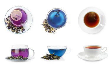 Beyaz üzerine izole edilmiş farklı çay türleri, kolaj.