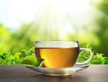 Çay çiftliğindeki gri masada bir fincan yeşil çay.