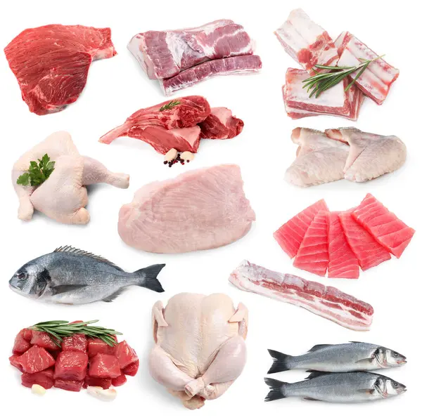 Balık ve et. Beyaz arka planda farklı ham ürünler, kolaj