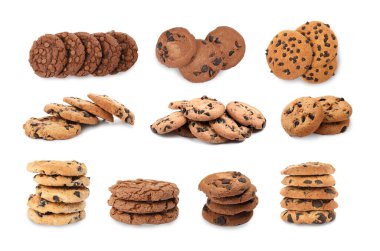 Beyaza izole edilmiş çikolatalı kurabiyeler, kolaj.