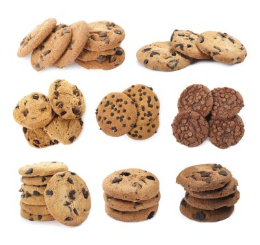 Beyaza izole edilmiş çikolatalı kurabiyeler, kolaj.