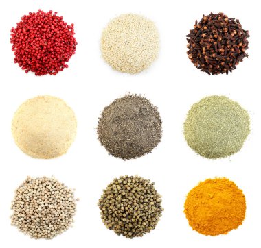 Beyaz arka planda farklı aromatik baharatlar, set. Üst görünüm