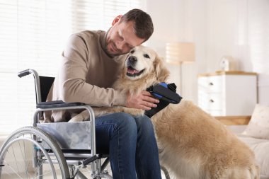 Tekerlekli sandalyedeki adam evde hizmet köpeğine sarılıyor.