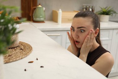 Mutfakta hamamböceklerine bakan bir kadın.