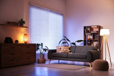 Rahat kanepesi ve ahşap raf ünitesi olan şık bir oturma odası. İç tasarım