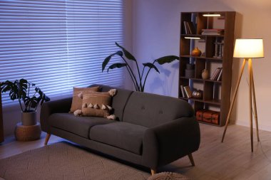 Rahat kanepesi ve ahşap raf ünitesi olan şık bir oturma odası. İç tasarım