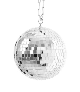 Parlak bir disko topu beyaza izole edilmiş.