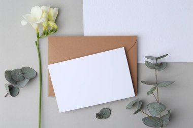 Boş tebrik kartı, kağıt zarf, çiçek ve okaliptüs yaprakları açık gri arka planda, düz uzanmış