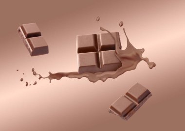 Çikolata parçaları ve soluk kahverengi gradyan arka planda havadaki kakao içecekleri.