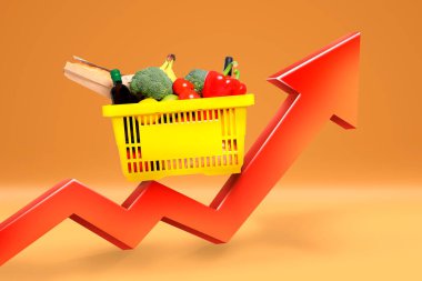 Turuncu arka planda yukarı doğru ok üzerinde farklı sebzelerle alışveriş sepeti. Yemek sepeti fiyatları yükseliyor. Tüketici Fiyat İndeksi