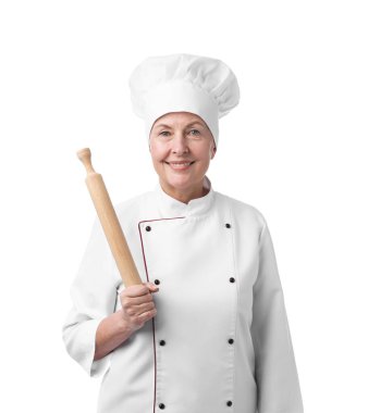 Beyaz arka planda merdanesi olan profesyonel pasta şefi.