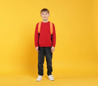 Turuncu arka planda sırt çantası olan tatlı bir okul çocuğu.