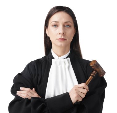 Beyaz arka planda çekiçle yargıç portresi