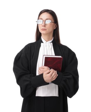 Beyaz arkaplan üzerine kitabı olan yargıç portresi