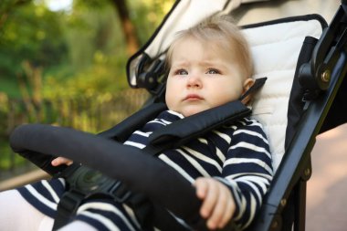 Parktaki bebek arabasında şirin bir bebek.