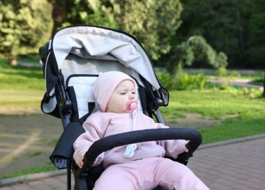 Parktaki bebek arabasında şirin bir bebek.