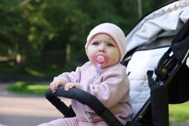 Parktaki bebek arabasında şirin bir bebek. Metin için boşluk